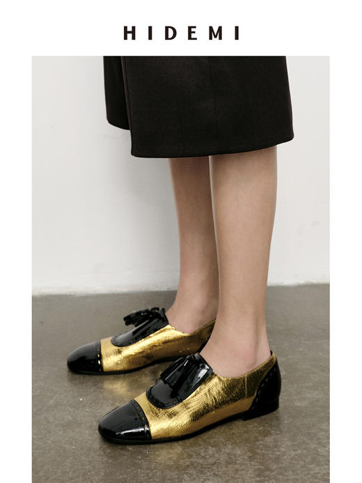 HIDEMI 【当当同款】复古拼接拼皮小牛皮流苏平底鞋 黑白/黑金/银色/白色/棕白 商品图5