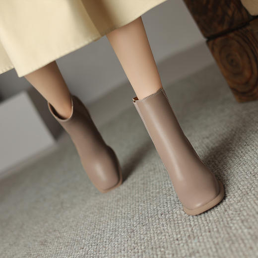 阿么手工女鞋高跟气质短靴2023新款方头拼接弹力时装靴7.5CM百搭 商品图3