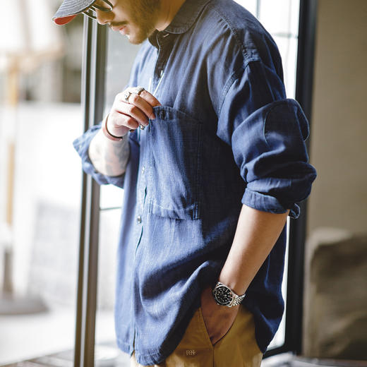 工装优选 美式复古天丝牛仔衬衫丹宁莱赛尔长袖CPO衬衣外套男士秋 商品图4