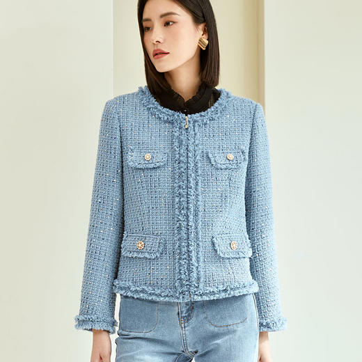 玳莎小香风箱型外套女秋季亮片拉毛高级感粗花呢圆领上衣  DC37305 商品图1