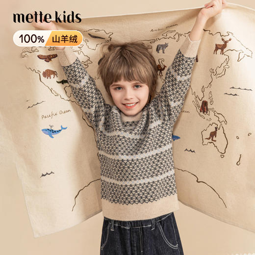 mettekids儿童羊绒衫秋冬新款儿童加厚针织衫中大童复古撞色毛衣 商品图0