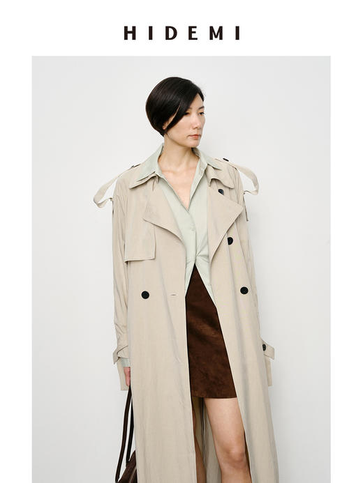 HIDEMI 【赵露思同款】翻领极简设计感双排扣长款风衣 杏仁色/夜空蓝 商品图4