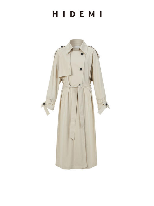 HIDEMI 【赵露思同款】翻领极简设计感双排扣长款风衣 杏仁色/夜空蓝 商品图14