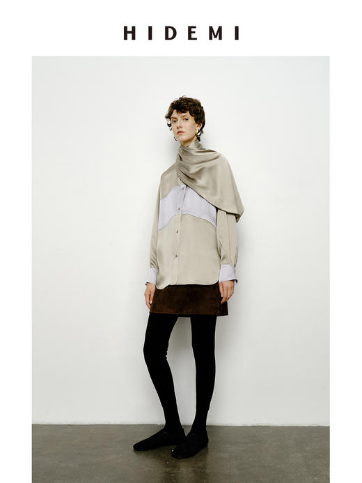 HIDEMI 艺术感缎面拼接撞色可拆卸丝巾衬衫 棕蓝色/绿紫色 商品图7