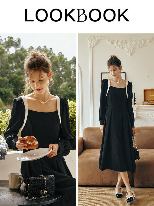 OLrain欧芮儿黑色方领连衣裙女初秋2023新款收腰赫本风华夫格裙子 商品图3