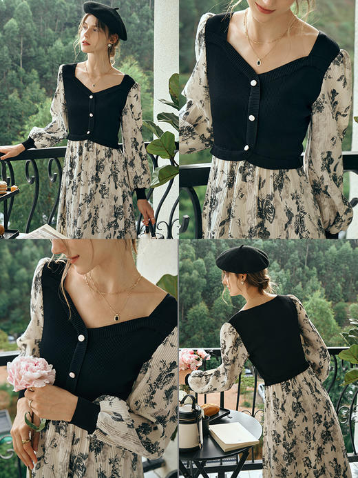 OLrain欧芮儿碎花连衣裙女初秋2023年新款收腰法式复古拼接茶歇裙 商品图1