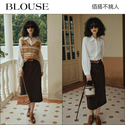 OLrain欧芮儿米白色衬衫女初秋2023年新款宽松复古灯笼袖休闲衬衣 商品图3