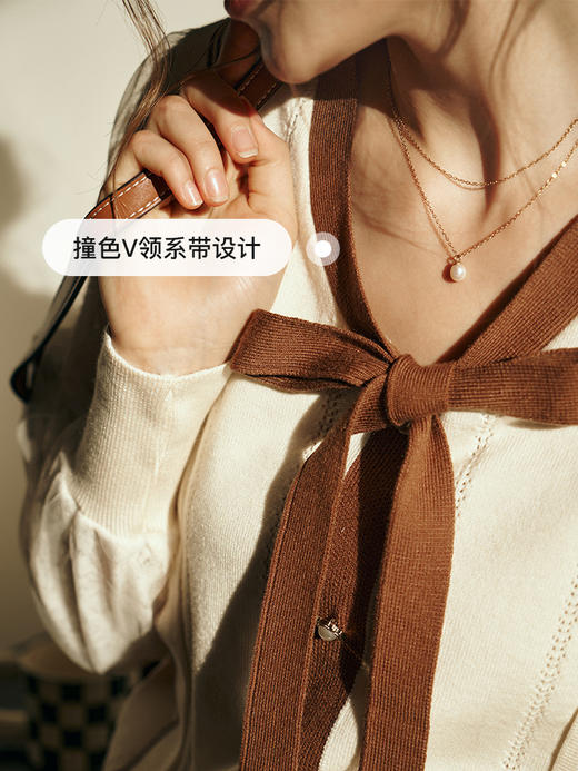 OLrain欧芮儿奶杏色毛衣女初秋2023新款宽松复古系带软糯风套头衫 商品图2