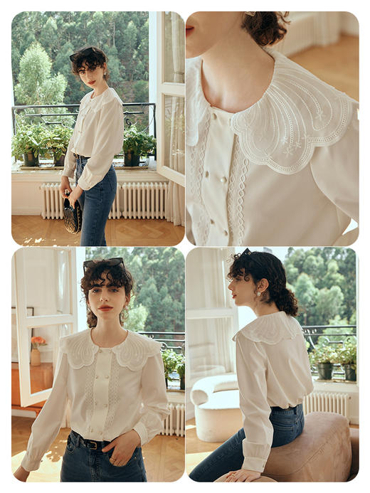 OLrain欧芮儿娃娃领蕾丝雪纺衫女初秋2023新款宽松法式泡泡袖小衫 商品图1