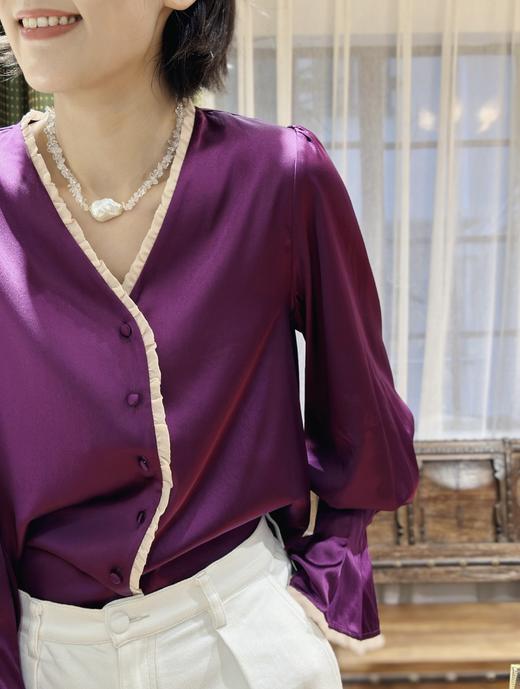 TYNVIE 雪纺木耳边装饰花瓣袖长袖上衣-紫色 商品图1