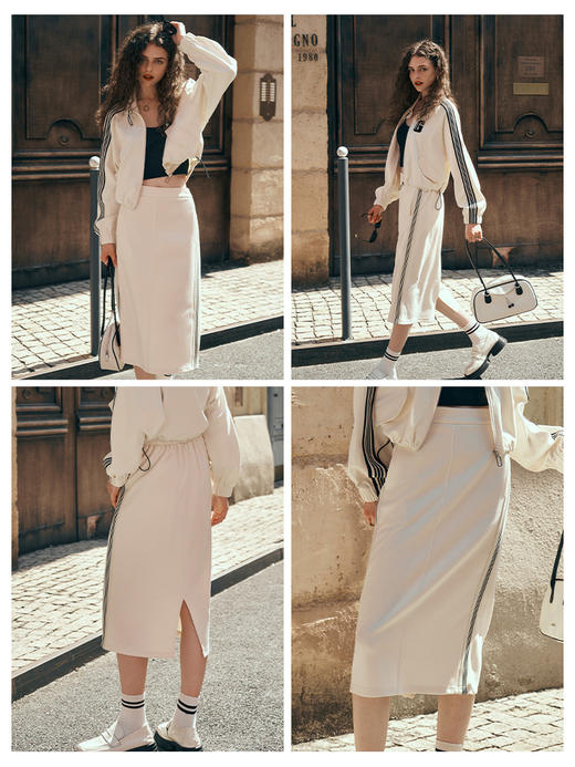 OLrain欧芮儿针织半身裙女初秋2023年新款高腰直筒开叉运动卫衣裙 商品图2