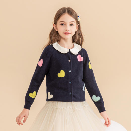 mettekids女童羊绒衫2023秋冬新款外搭针织开衫儿童洋气爱心毛衣 商品图0