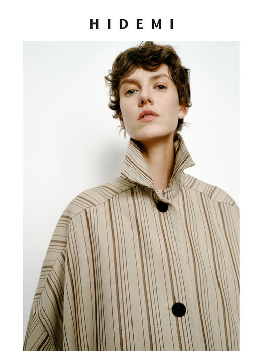 HIDEMI 极简廓形伞状色织条纹艺术感长款风衣 商品图11