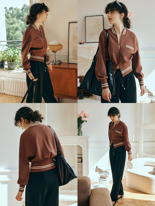 OLrain欧芮儿咖色短外套初秋2023年新款时尚潮流设计感撞色棒球服 商品图1