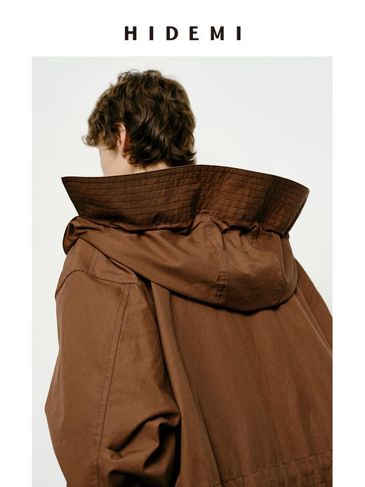 HIDEMI 极简大廓形可拆卸连帽式工装感抽绳长款风衣 红咖色/海鸥米 商品图2