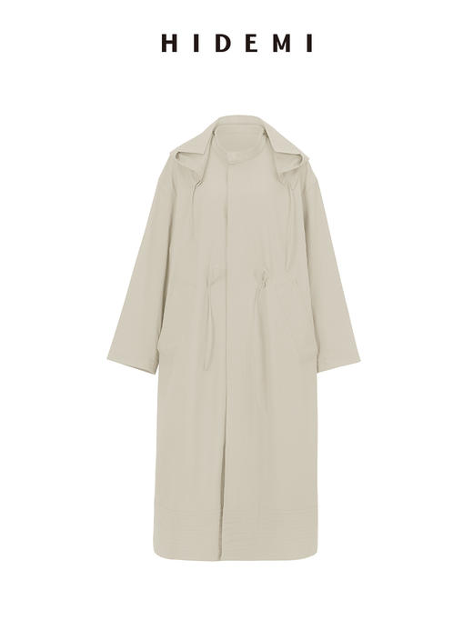 HIDEMI 极简大廓形可拆卸连帽式工装感抽绳长款风衣 红咖色/海鸥米 商品图12