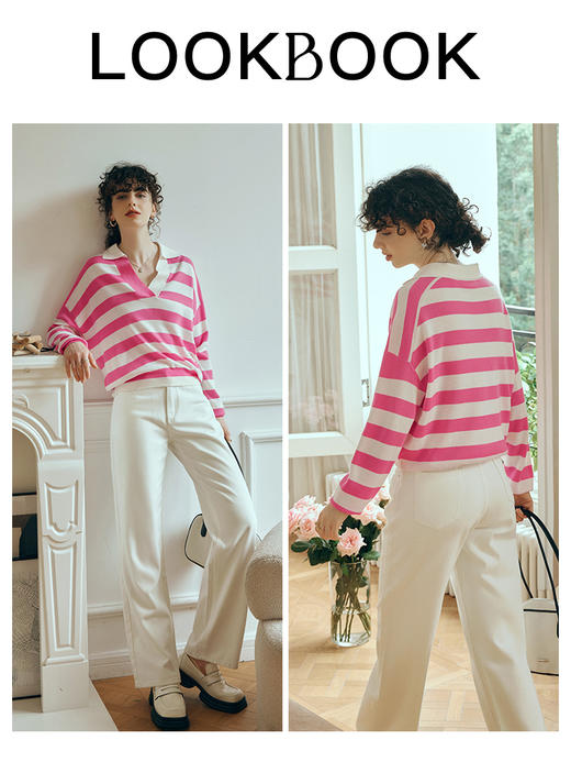 OLrain欧芮儿条纹POLO领针织衫女初秋2023年新款宽松落肩袖套头衫 商品图3