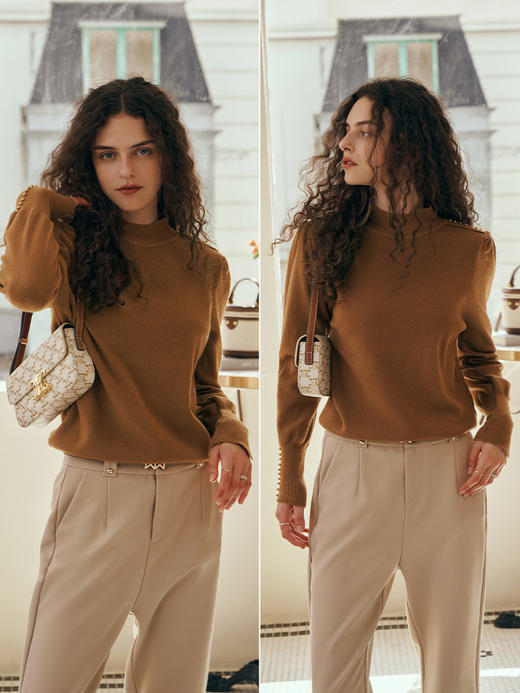 OLrain欧芮儿半高领长袖毛衣女秋季2023新款时尚泡泡袖咖色套头衫 商品图3