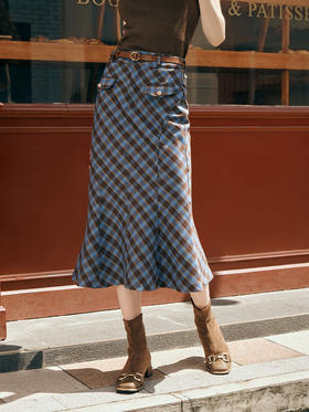 OLrain欧芮儿格子半身裙女早秋2023新款高腰显瘦复古美式直筒裙子