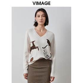 VIMAGE纬漫纪冬季新款刺绣宽松舒适套头针织衫V2001605