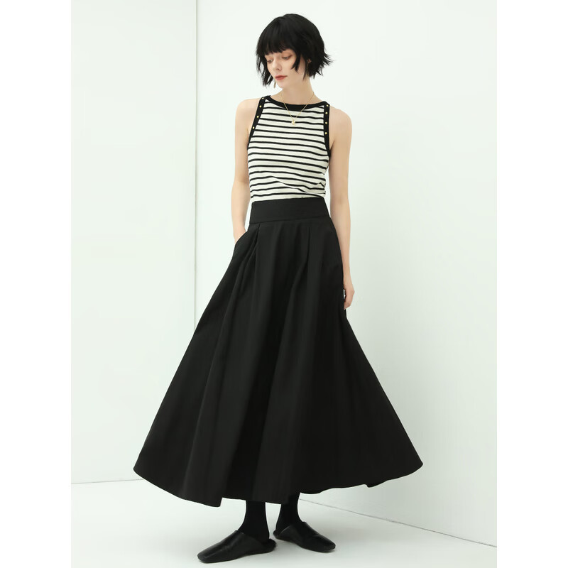 COCOBELLA黑色捏褶蓬松大摆半身长裙女高腰遮胯OL伞裙HS89