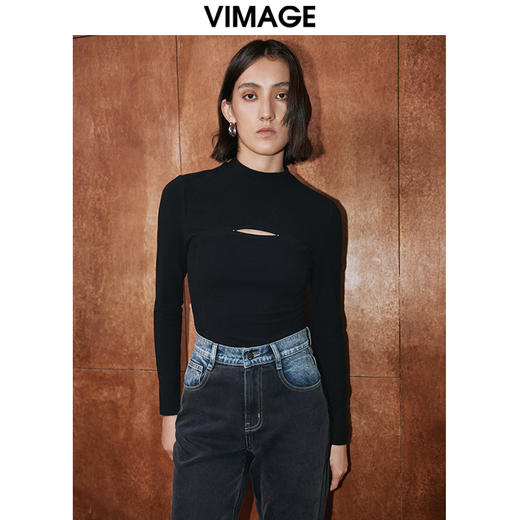 VIMAGE纬漫纪秋季新款黑色镂空设计感上衣V2013614 商品图4