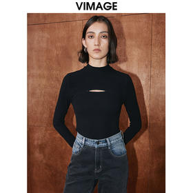 VIMAGE纬漫纪秋季新款黑色镂空设计感上衣V2013614
