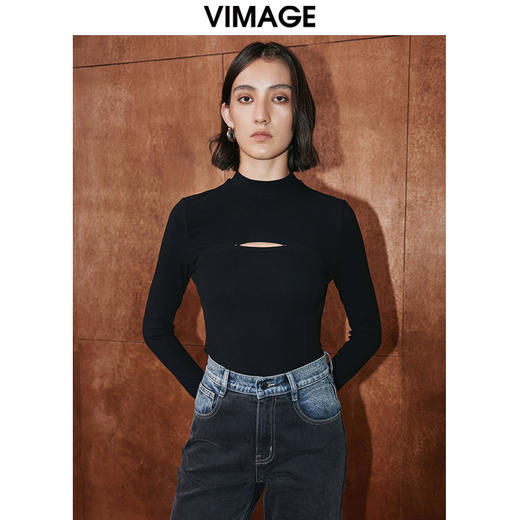 VIMAGE纬漫纪秋季新款黑色镂空设计感上衣V2013614 商品图0