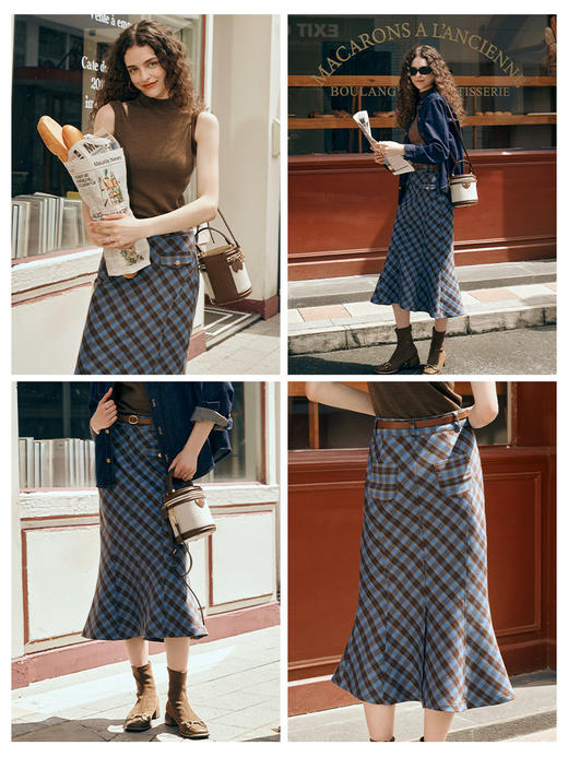 OLrain欧芮儿格子半身裙女早秋2023新款高腰显瘦复古美式直筒裙子 商品图1