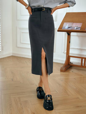 OLrain欧芮儿灰色半身裙女初秋2023年新款高腰气质百搭显瘦开叉裙