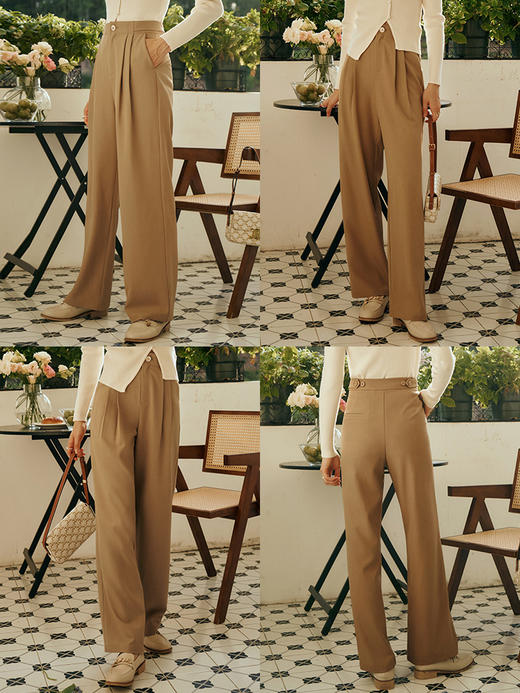 OLrain欧芮儿卡其色休闲裤女初秋2023年新款高腰直筒阔腿垂感长裤 商品图2