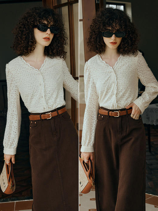 OLrain欧芮儿杏色蕾丝雪纺衫女初秋2023新款法式复古长袖V领开衫 商品图3