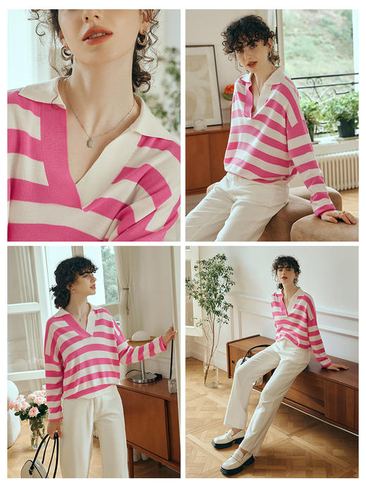 OLrain欧芮儿条纹POLO领针织衫女初秋2023年新款宽松落肩袖套头衫 商品图1