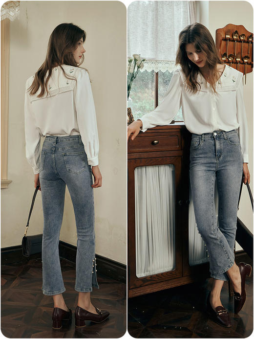 OLrain欧芮儿米白色蕾丝雪纺衫女初秋2023新款宽松刺绣海军领小衫 商品图3