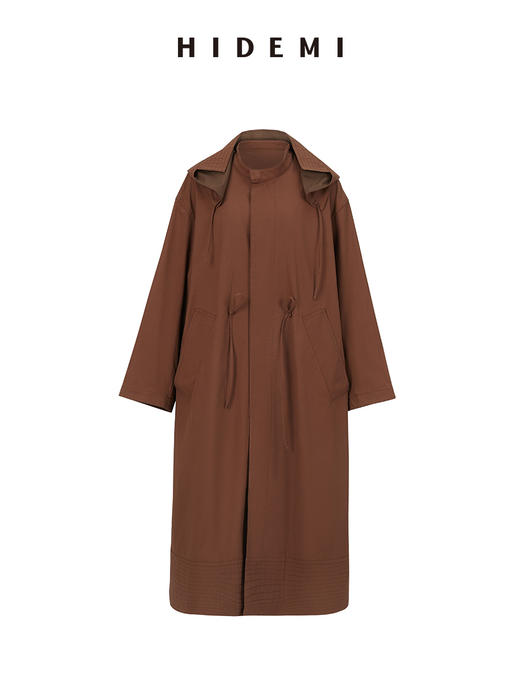 HIDEMI 极简大廓形可拆卸连帽式工装感抽绳长款风衣 红咖色/海鸥米 商品图13