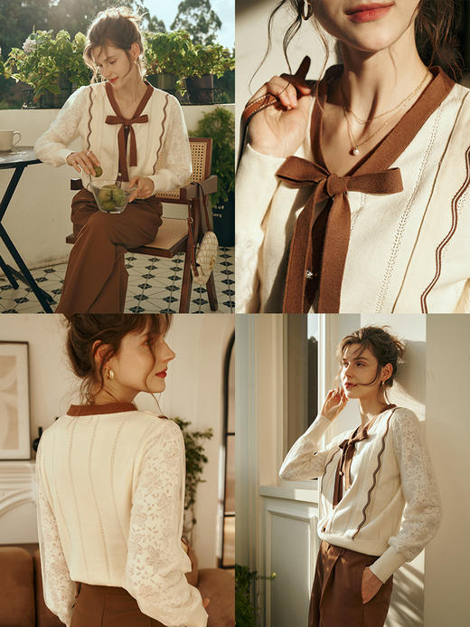 OLrain欧芮儿奶杏色毛衣女初秋2023新款宽松复古系带软糯风套头衫 商品图1