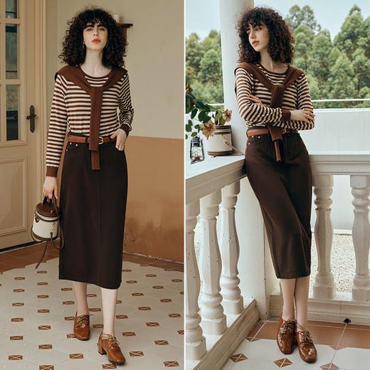 OLrain欧芮儿咖色条纹毛衣女初秋2023年新款麻花披肩两件套针织衫 商品图3