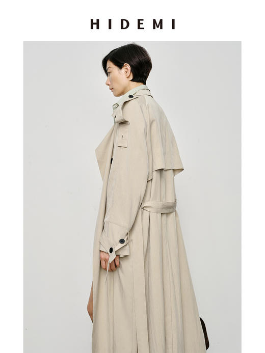HIDEMI 【赵露思同款】翻领极简设计感双排扣长款风衣 杏仁色/夜空蓝 商品图9