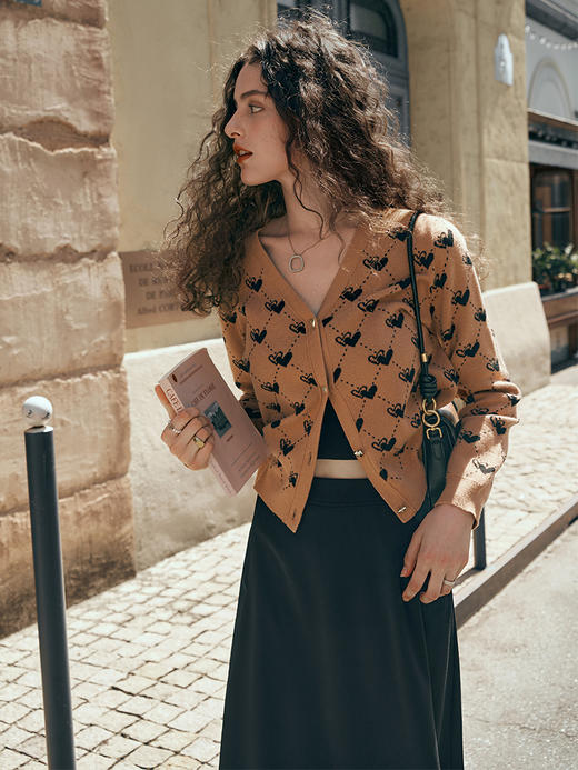 
OLrain欧芮儿咖色针织开衫女初秋2023年新款爱心菱格提花毛衣外套 商品图0