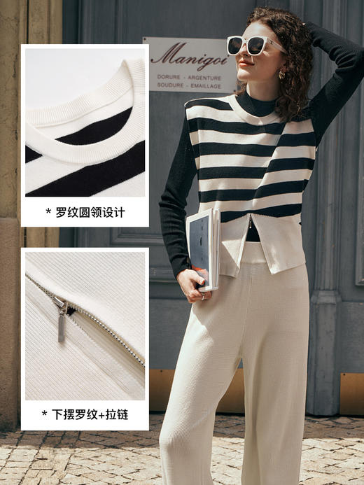 OLrain欧芮儿黑白条纹毛衣背心马甲女初秋2023新款宽松无袖套头衫 商品图2