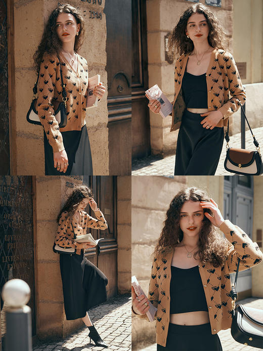 
OLrain欧芮儿咖色针织开衫女初秋2023年新款爱心菱格提花毛衣外套 商品图1