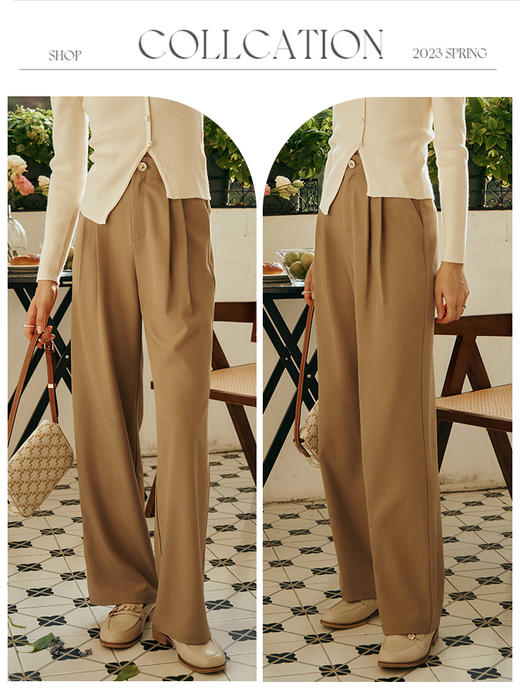 OLrain欧芮儿卡其色休闲裤女初秋2023年新款高腰直筒阔腿垂感长裤 商品图3