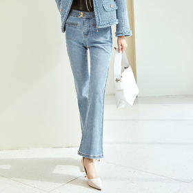 玳莎水洗高腰微喇牛仔裤女新款修身显瘦复古长裤喇叭裤  DC36306