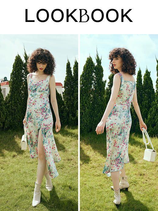 OLrain欧芮儿碎花吊带连衣裙女初秋2023新款收腰法式油画风公主裙 商品图3