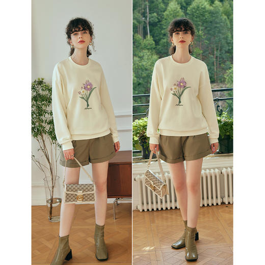 OLrain欧芮儿长袖圆领厚棉T女初秋2023新款宽松立体手钩花套头上衣 商品图3