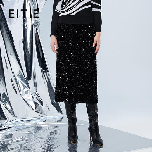 EITIE爱特爱冬季新款刺绣亮片显瘦高腰直筒裙半身裙7606302 商品图0
