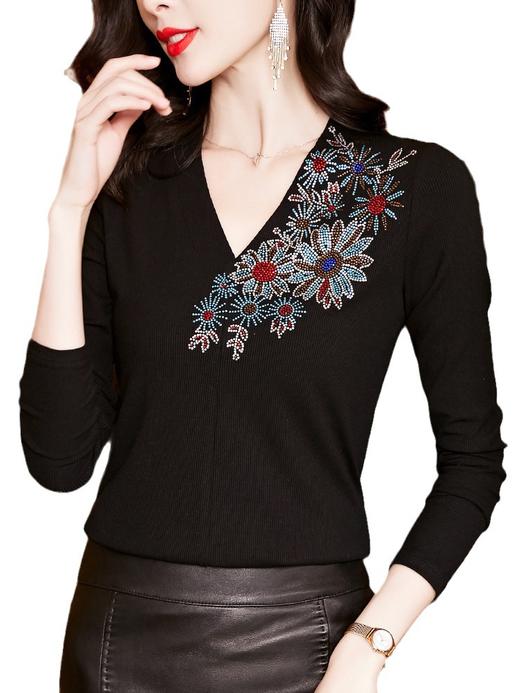 SMZ10075秋装新款V领打底衫女长袖T恤气质修身显瘦花朵烫钻黑色套头上衣潮 商品图4