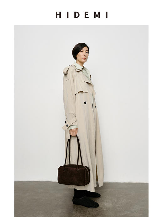 HIDEMI 【赵露思同款】翻领极简设计感双排扣长款风衣 杏仁色/夜空蓝 商品图3