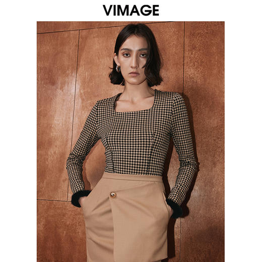 VIMAGE纬漫纪冬季新款时尚修身方领格子百搭上衣V2013617 商品图2