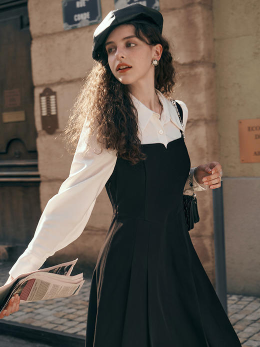 OLrain欧芮儿黑色假两件连衣裙女初秋2023新款收腰显瘦衬衫式裙子 商品图0